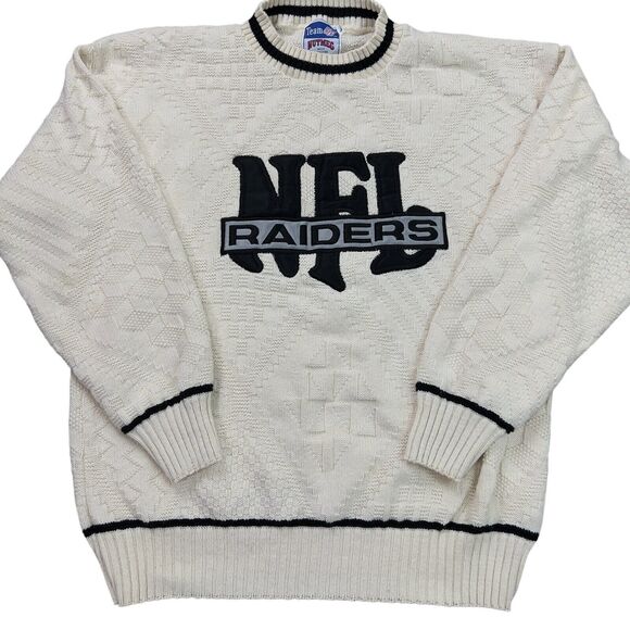 Vtg Oakland Raiders Sweater Mens L White Nutmeg Mills NFL Embroidered USA Made - Picture 1 of 10
